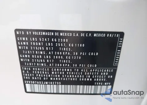 2018 Volkswagen Tiguan 2.0T Se/2.0T Sel из США, поврежденный, VIN 3VV3B7AX2JM182733